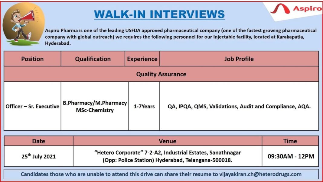 Job Availables, Aspiro Pharma Walk-In Interviews for B.Pharm/ M.Pharm/ MSc Chemistry