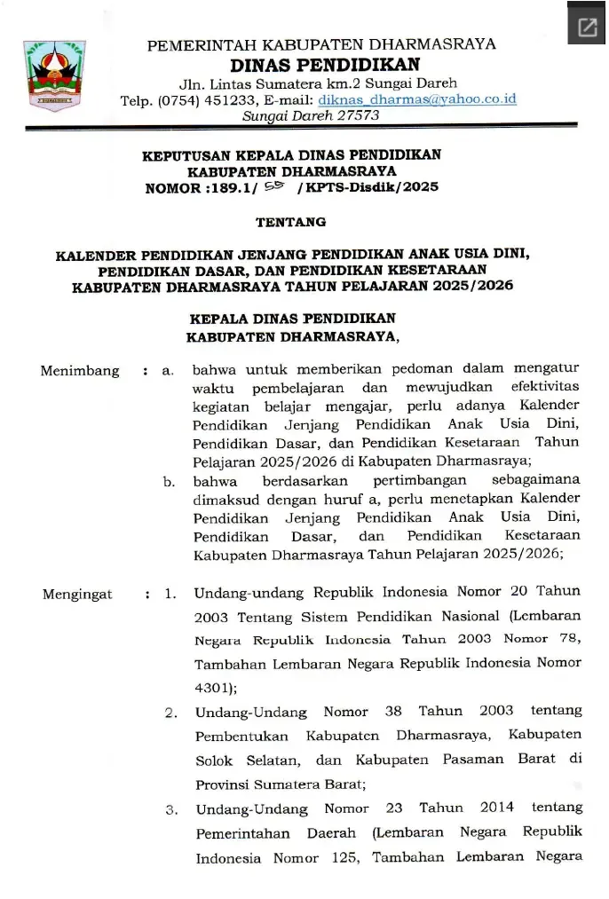 Kalender Pendidikan TK PAUD SD SMP Kabupaten Dharmasraya Tahun Pelajaran (Akaran) 2025/2026