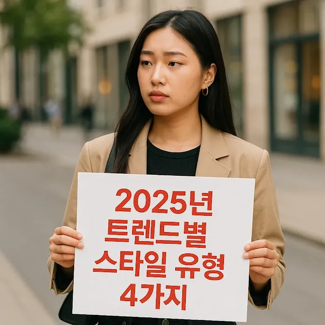 2025년 트렌드별 스타일 유형 4가지 문구 들고 있는 20대 한국 여성 최신 트렌드 패션