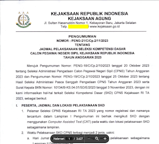 Jadwal Pelaksanaan Seleksi Kompetensi Dasar (SKD) Calon Pegawai Negeri Sipil Kejaksaan Republik Indonesia Tahun 2023