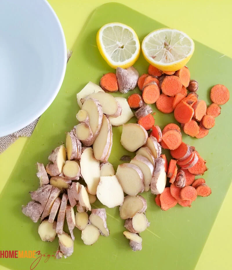 Sliced up ginger and turmeric in preparation for tea making