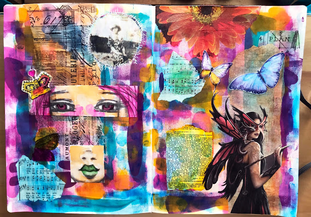 mixed media collage work in my XL Leda Sketchbook, Alice Hendon in progress