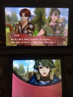 Tobin, a brown haired man in tan, and Gray, a smiling gray haired man in green. Gray says "We'll call it Alm's Epoch! Or maybe... the Tale of Gray! Plus that One Guy." Alm, a green haired man in armor, does not look amused.