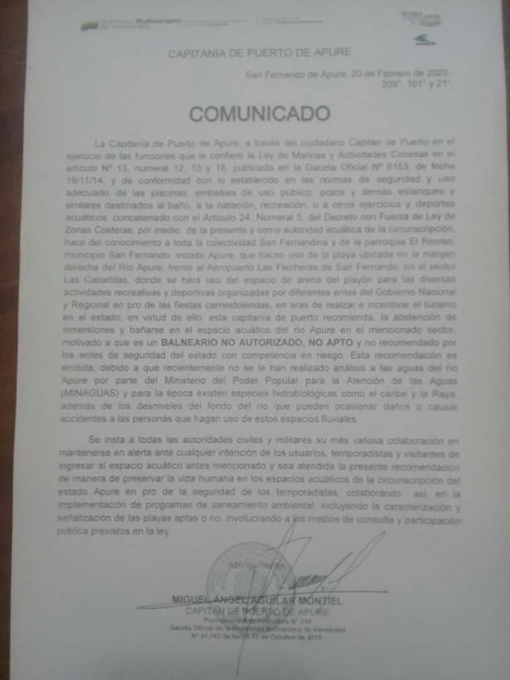 APURE: Balnearios no Autorizados y no Aptos en Carnaval por Capitanía de Puertos. (COMUNICADO).