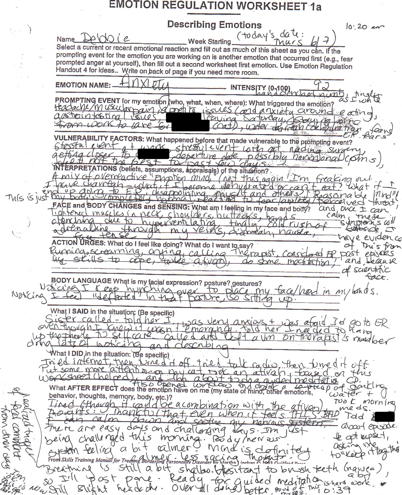 DBT Emotion Regulation Worksheet 1a (With Example) - Healing ...
