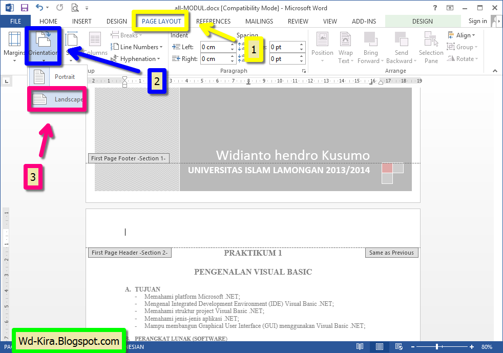 Wd-Kira, Office 2013, office 2014, Cara Membuat Orientasi Halaman Berbeda Pada Microsoft Word 2013, cara membuah halaman berbeda pada satu dokumen office versi terbaru 2014, Page break MS Office 2013, cara mengatur halaman office word, cara mengatur ukuran kertas Ms Office Word terbaru 2014