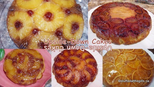 The picture shows a collage of various upside-down cakes: Pineapple, Plum and Apple, Apple and Raisin, Peach and Raspberry, Orange and Lemon.