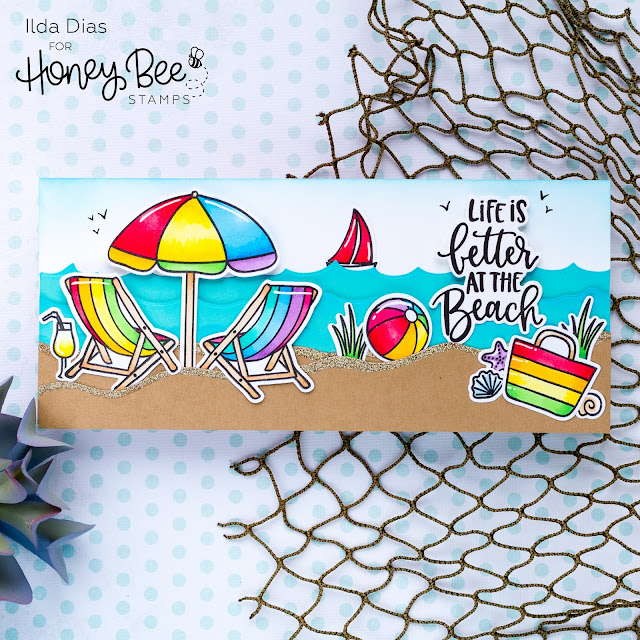 Hello Summer, Sneak Peeks, Beach Slimline Scene Card, Honey Bee Stamps, Rainbow, Copics, Card Making, Stamping, Die Cutting, handmade card, ilovedoingallthingscrafty, Stamps, how to, 