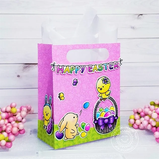 Sunny Studio Stamps: Chickie Baby Sweet Treat Gift Bag Dies Spring Scenes Spring Showers Woodland Borders Easter Treat Bag by Ana Anderson