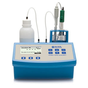 Total Titratable Low to High Alkalinity Titrator User-friendly interface Dedicated HELP key Simple to operate Log on demand up to 100 samples (50 for pH; 50 for titration) GLP features One, two or three point calibration pH temperature compensation   The HI 84431 is a dedicated mini titrator and pH meter designed for low to high levels of alkalinity. It utilizes an electrometric titration with a pH electrode to determine the total titratable alkalinity in water. Titrant is slowly added to the sample solution the pH and temperature are carefully monitored. The software analyzes the resulting pH curve and determines the volume of titrant required to reach the endpoint. The user can choose either 8.3 pH (known as phenolphthalein alkalinity) or 4.5 pH (known as bromcresol green alkalinity as endpoints).   The dispensed titrant volume is used to automatically calculate the water alkalinity, which can be displayed in mg/L CaCO3 or meq/L.  Titrations are conducted using the low range reagent HI 84431-50 (10 to 500 mg/L as CaCO3) or the high range reagent HI 84431-51 (400 to 4000 mg/L as CaCO3).   Order Information: HI 84431-01 (115V) and HI 84431-02 (230V) are supplied with HI 84431-50 titrant solution low range (100 mL), HI 84431-51 titrant high range (100 mL) and HI 84431-55M pump calibration solution (230 mL). 