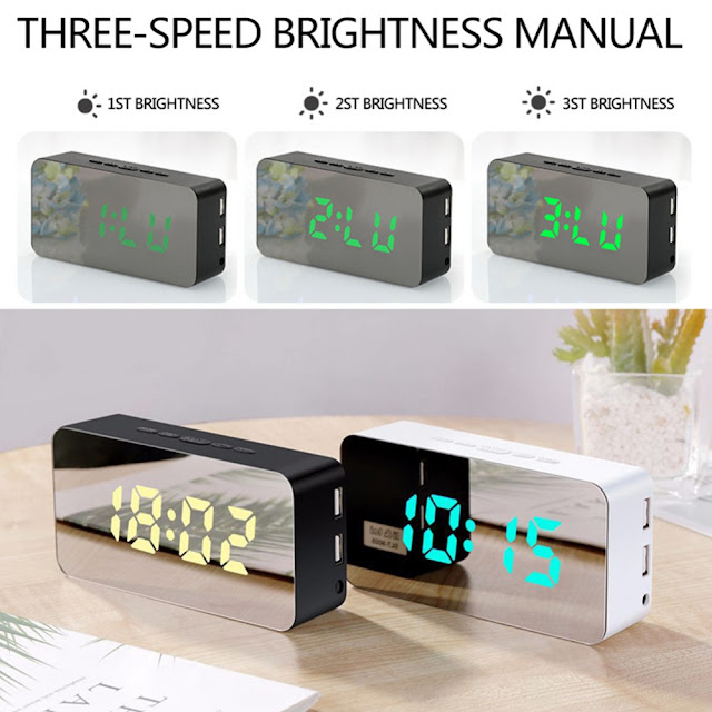 Loskii Mirror Alarm Clock USB Charging Snooze Voice Control Makeup Mirror LED Color Clock 