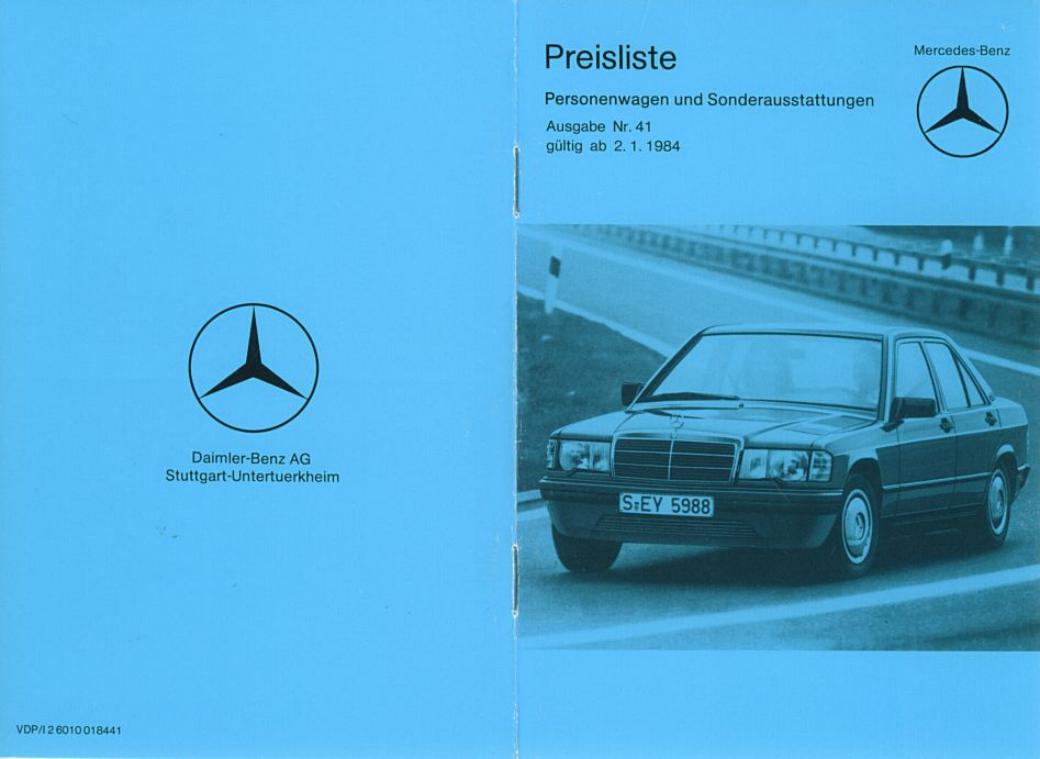 Mercedes-Benz Baureihe 107 123 126 201 Preisliste 01/1984 Nr. 41