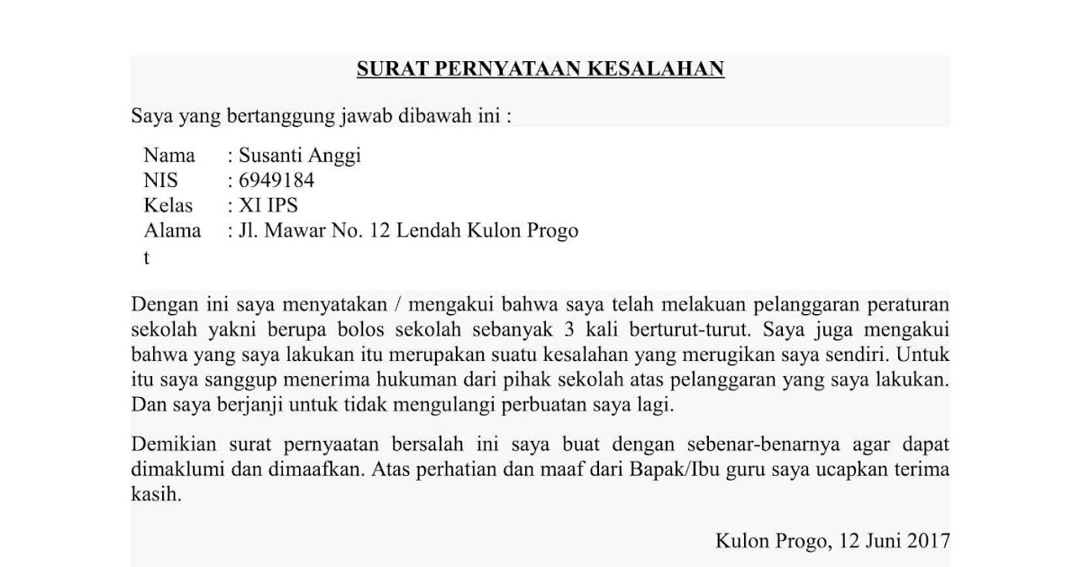 Contoh Surat Pernyataan Bersalah Dan Tidak Akan Mengulangi Lagi