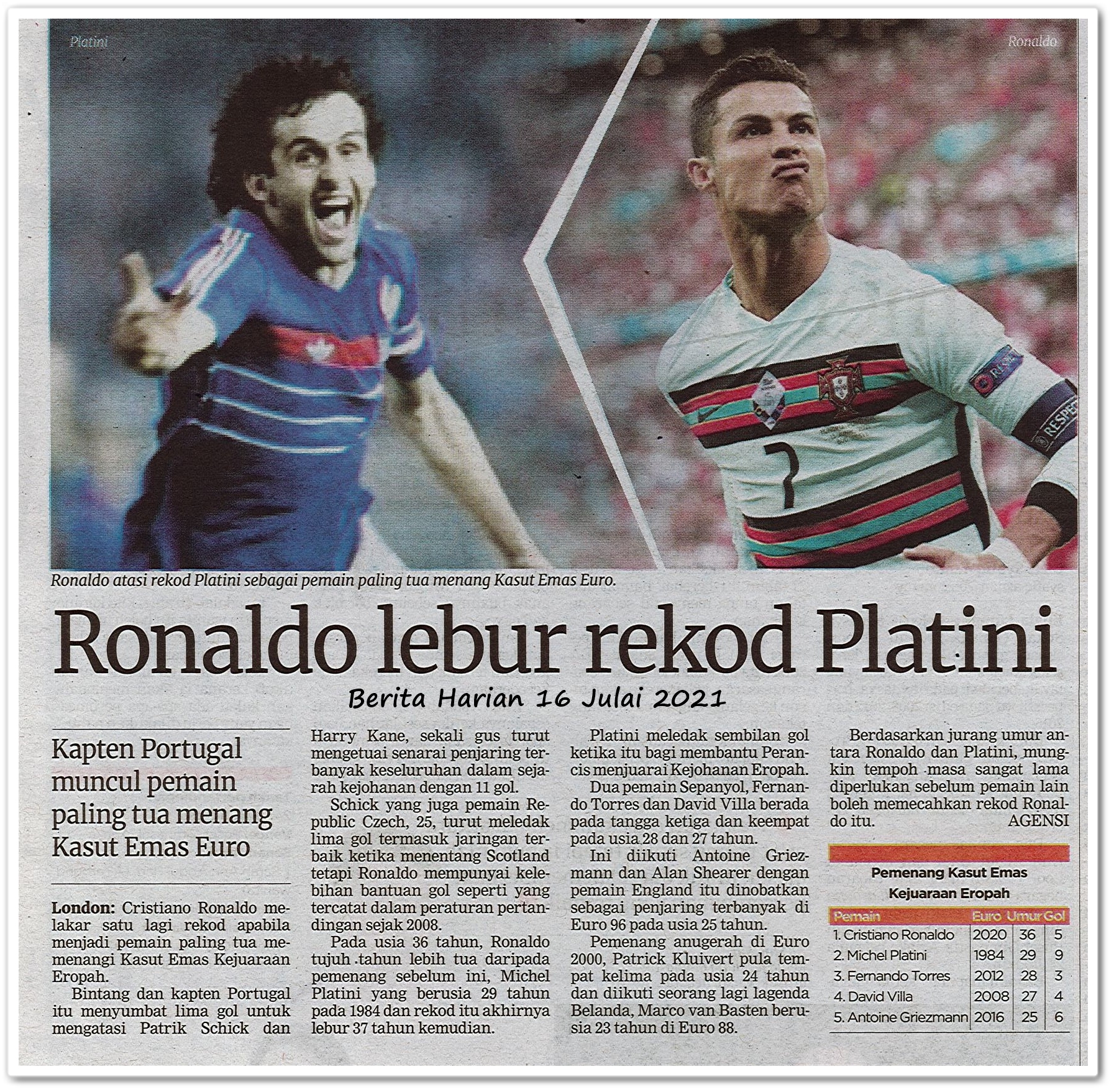 Ronaldo lebur rekod Platini - Keratan akhbar Berita Harian 16 Julai 2021