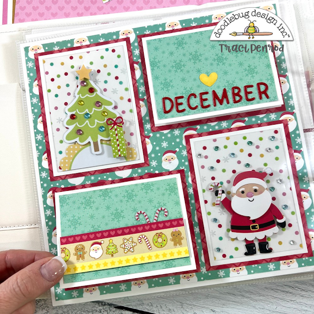 Christmas Scrapbook Layout with Santa, a tree, and sparkling gems