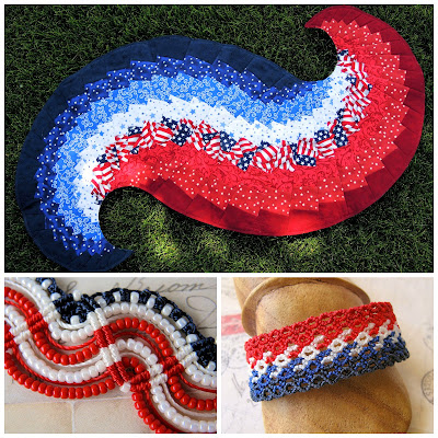 Patriotic quilted piece and macrame bracelets in red, white and blue.