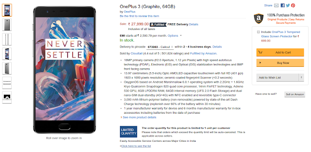 OnePlus 3 (Graphite, 64GB) @ Amazon India
