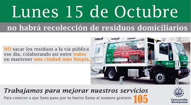 Lunes 15 de Octubre el Servicio de Recolección de Residuos no se llevará a cabo, realizándose únicamente Guardias Sanitarias