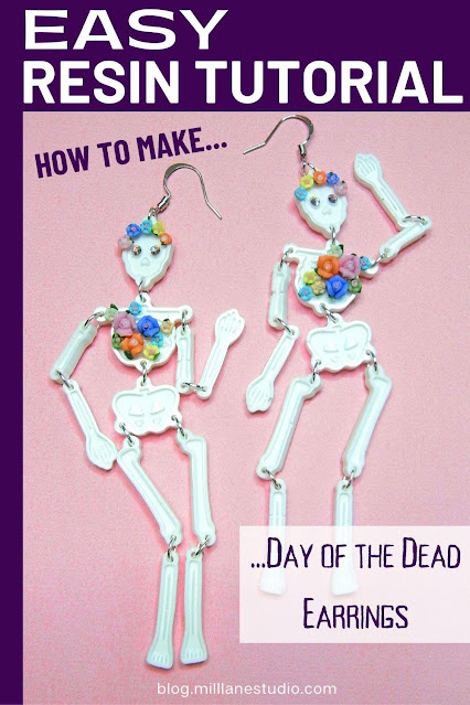 White resin Calavera earrings decorated with roses on a pink background. Text overlay reads, Easy resin tutorial. How to make day of the dead earrings.