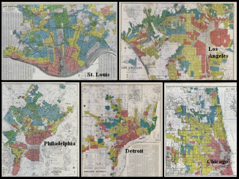 Redlining combo maps of St. Louis, Los Angeles, Philadelphia, Detroit and Chicago.