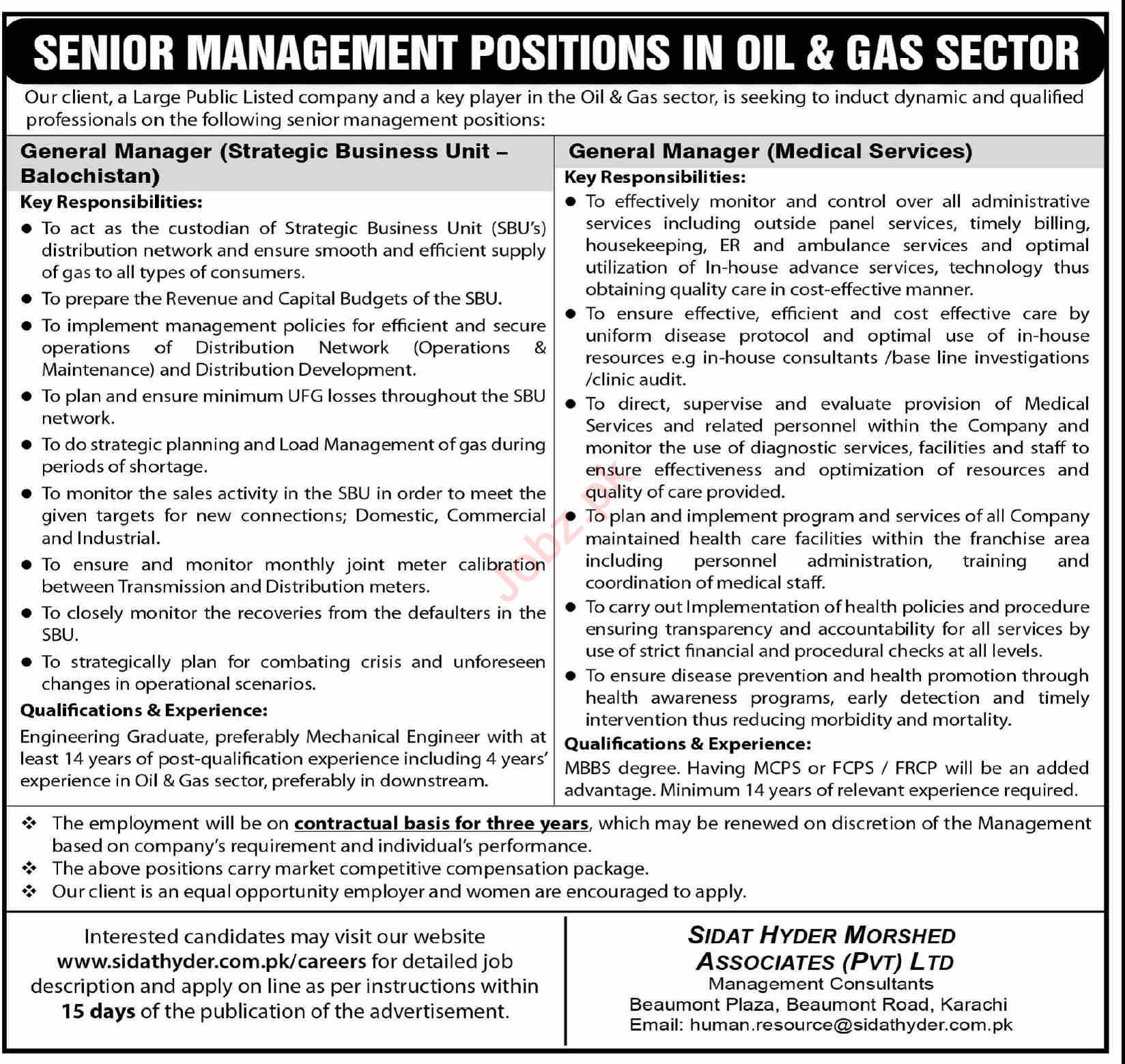 Latest Oil & Gas Sector Management Posts Karachi 2022
