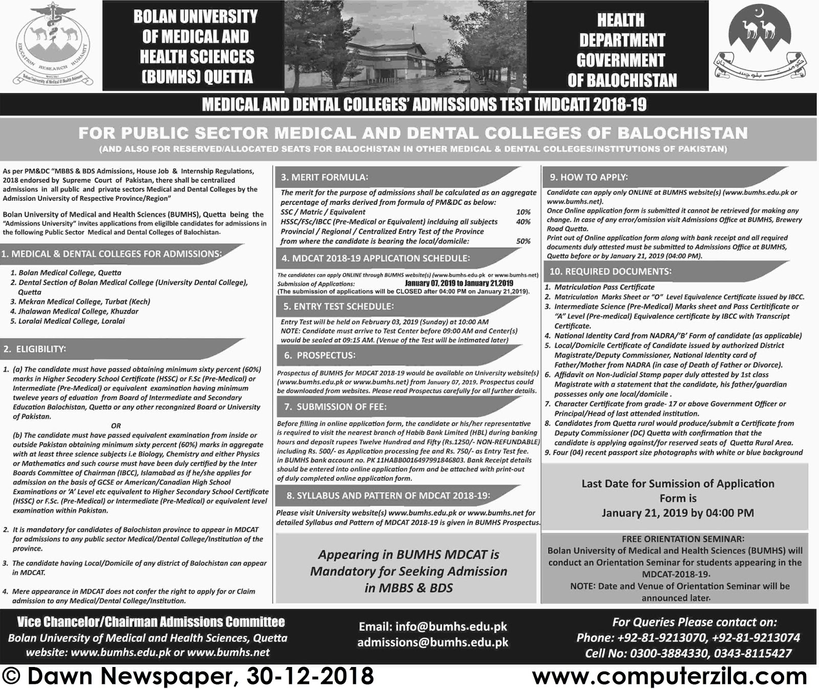 Admissions Open For Spring 2019 At BUMHS Quetta Campus