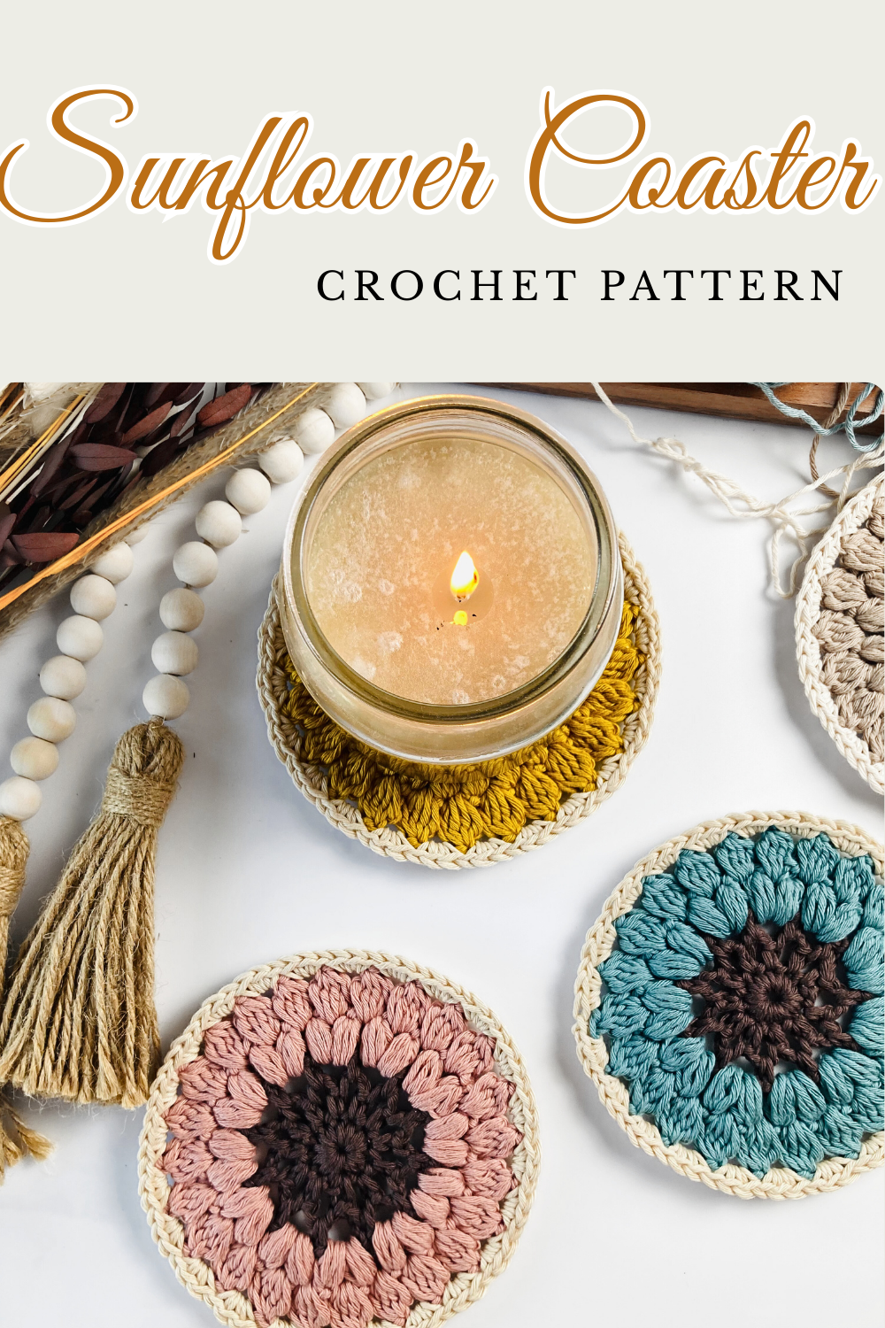 a pinterest pin with a crochet sunflower coaster free pattern