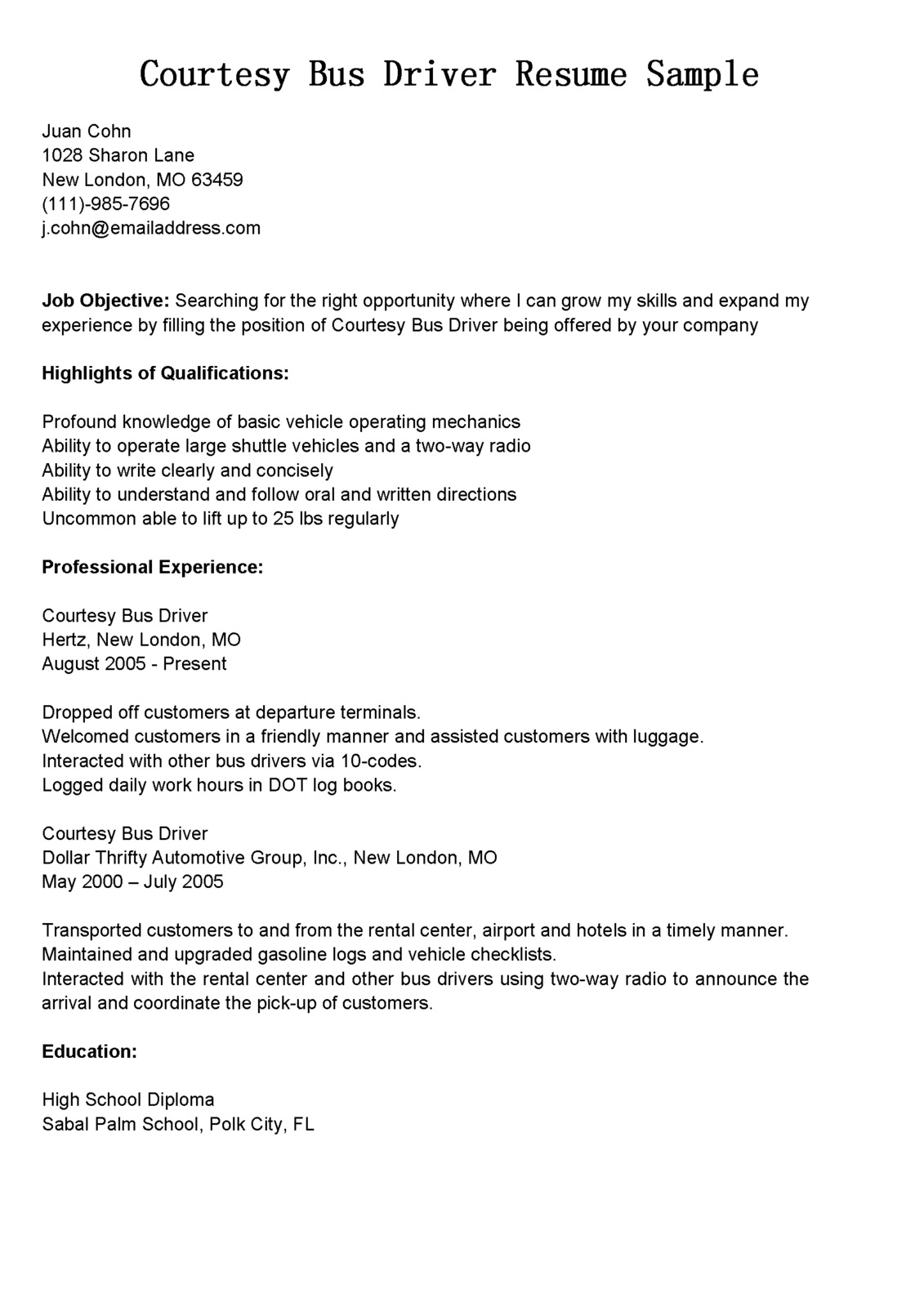 Courtesy Bus Driver Resume Sample