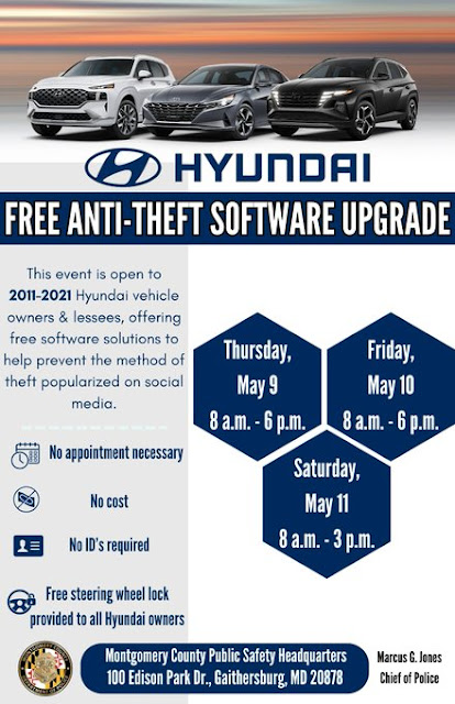 County Police Holding a Special Event Through Saturday, May 11, to Assist Owners of Theft-Prone Hyundais