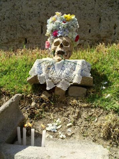 Human skull decorated for use in Bolivia's annual Todos Santos festival.