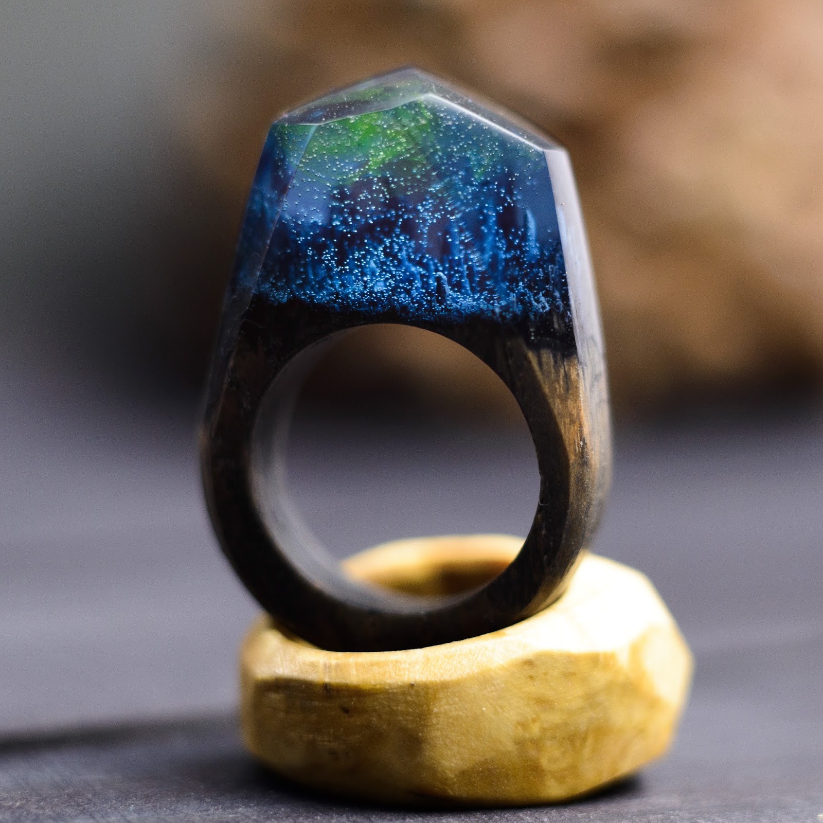 Wood Resin Ring Aurora Borealis Personalized Resin Ring 