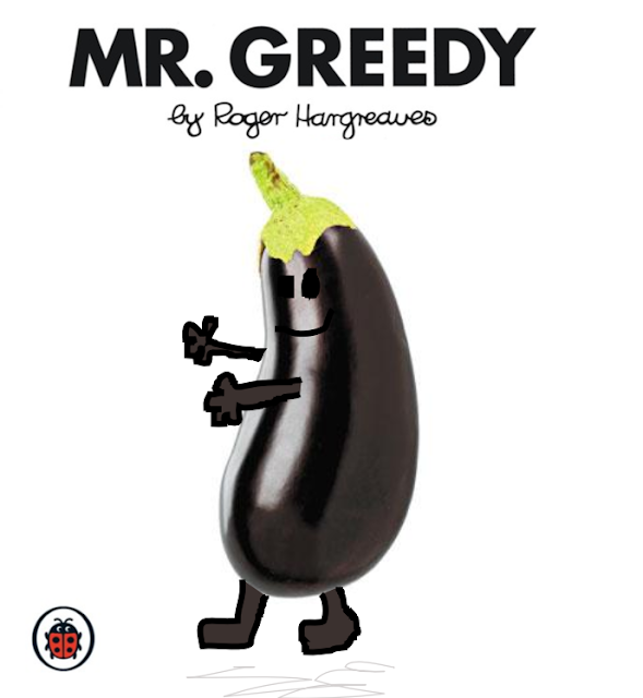 Mr Greedy, Mr Greedy aubergine, funny aubergine, funny mr men, funny mr greedy