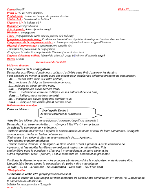 Fiche pédagogique de la conjugaison 4AP