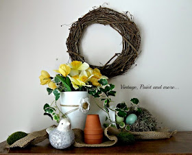 Spring Vignette - spring decor, faux bird nest, burlap ribbon