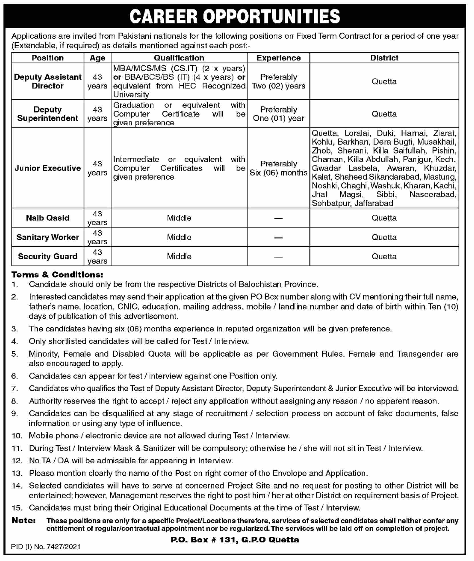 Latest Public Sector Organization Management Posts Quetta 2022