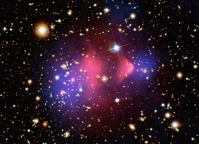 Bullet Cluster. Credit: X-ray: NASA/CXC/CfA/M.Markevitch et al.;  Optical: NASA/STScI; Magellan/U.Arizona/D.Clowe et al.; Lensing Map:  NASA/STScI; ESO WFI; Magellan/U.Arizona/D.Clowe et al.