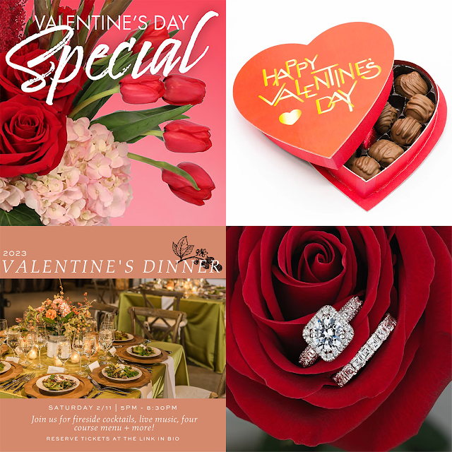 Clockwise from upper left: An arrangement of roses, hydrangeas, and tulips form a backdrop for the words “Valentine’s Day Special;” a heart-shaped box’s lid, which is printed with the words, “Happy Valentine’s Day,” is offset to show a glimpse of the chocolates inside; a jewelry marketer inserted a woman’s diamond-studded engagement and wedding ring into the petals of a red rose; and a restaurant offers a “2023 Valentine’s Dinner” special.