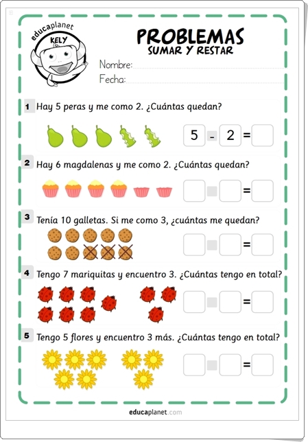 "Problemas de Sumar y Restar" de Educaplanet (Fichas de Matemáticas de 1º y 2º de Primaria)