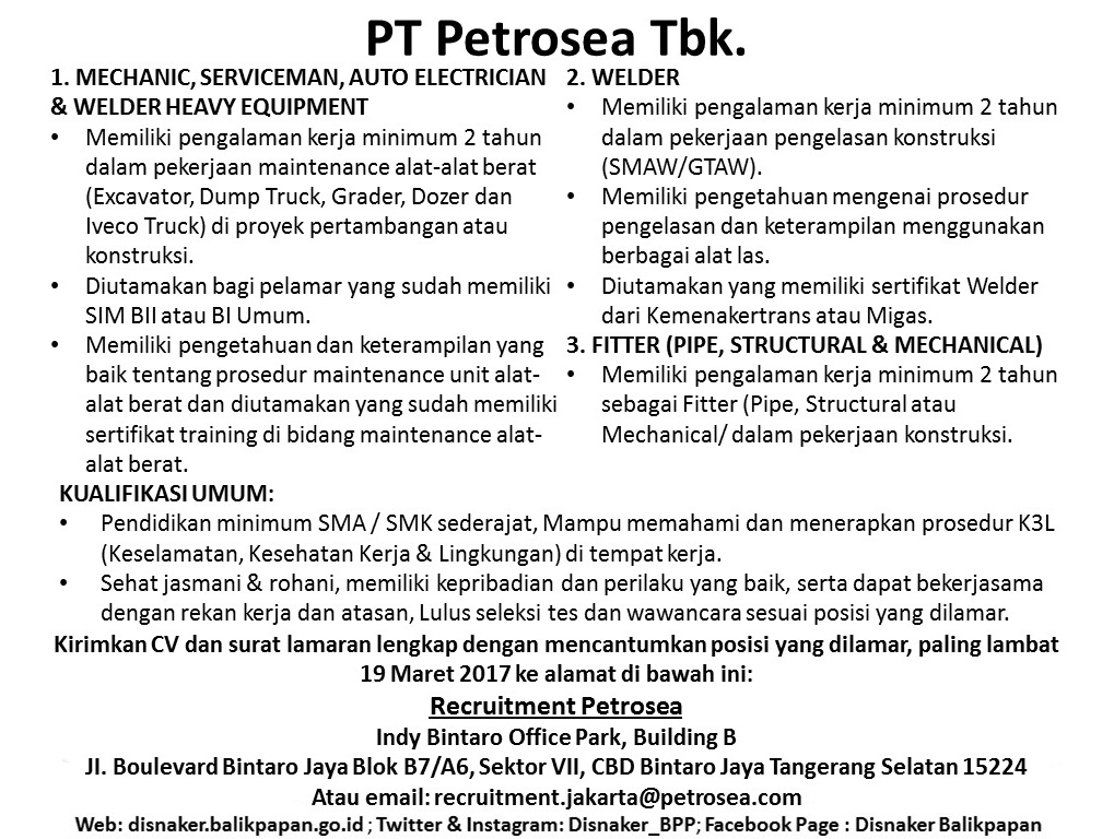 Lowongan PT Petrosea Tbk - Job Seeker