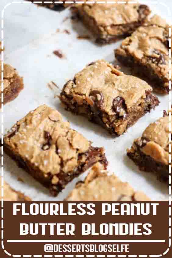 These are the BEST Peanut Butter Blondies! I love that you only need 5 ingredients to make them. (Or 6 if you add in the dark chocolate chips-- which I recommend!) This flourless dessert is sweetened with honey, but you can use maple syrup or coconut sugar, plus a flax or chia egg to make them vegan friendly. My kids love this healthy dessert! #peanutbutter #healthy #dessert #easy #DessertsBlogSelfe #HealthyDesserts  #videos