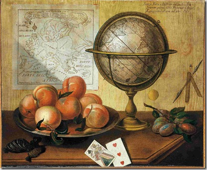 Sebastiano Lazzari -Verona, 1730 ca.. attivo a Vicenza fino al 1791- Finto asse e natura morta con pesche e globo terrestre 1785 Dipinto su tela, cm 54 x 66. Milano, Galleria d'Arte Studiolo