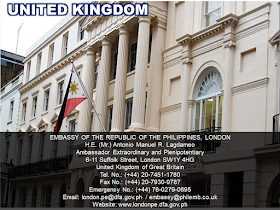 The Embassy is a piece of our country in a foreign territory where every Filipinos feel safe and secured. No matter where you are in the world, may you be an immigrant or an overseas Filipino worker (OFW) you need to know the locations of our embassies and consulates.  Information is power and here we are providing you all that you need to know the whereabouts of the Philippine embassies around the world and how to get in touch with them.  Advertisement         Sponsored Links                  EMBASSY OF THE REPUBLIC OF THE PHILIPPINES, BUENOS AIRES   Hon. (Ms.) Lolita B. Capco   Chargé d' Affaires, a.i.   Zapiola 1701, C1426AUI   Buenos Aires, Argentina   Tel. Nos.: (+54-11) 4554-4015; 4554-4856   Fax No.: (+54-11) 4554-9194   Duty Officer No.: (+549-11) 6700-2333   Consular Mobile Hotline No.: (+549-11) 6700-5111   Email: buenosaires.pe@dfa.gov.ph / pheba@fibertel.com.ar   Website: http://buenosairespe.dfa.gov.ph   Facebook: @PHinArgentina      EMBASSY OF THE REPUBLIC OF THE PHILIPPINES, CANBERRA   H.E. (Ms.) Minda Calaguian-Cruz   Ambassador Extraordinary and Plenipotentiary   1 Moonah Place, Yarralumla, Canberra, A.C.T. 2600   P.O. Box 3297, Manuka, A.C.T. 2603   Tel. Nos.: (+61-2) 6273-2535; 6273-2536   Fax No.: (+61-2) 6273-3984   Duty Officer No.: (+61) 4087-35383   Email: canberra.pe@dfa.gov.ph / canberra.pe@philembassy.org.au   Website: www.canberrape.dfa.gov.ph / www.philembassy.org.au     PHILIPPINE CONSULATE GENERAL, SYDNEY Hon. (Ms.) Melanie Rita B. Diano  Acting Head of Post  Philippine Centre, Level 1  27-33 Wentworth Avenue, Sydney NSW 2000  Tel. No.: (+61-2) 9262-7377  Fax No.: (+61-2) 9262-7355  Emergency No.: (+61) 415-426400  Email: sydney.pcg@dfa.gov.ph / communications@philippineconsulate.com.au  Website: www.sydneypcg.dfa.gov.ph / www.philippineconsulate.com.au    EMBASSY OF THE REPUBLIC OF THE PHILIPPINES, VIENNA  H.E. (Ms.) Maria Cleofe R. Natividad  Ambassador Extraordinary and Plenipotentiary  20th and 21st Floor, ARES Tower  Donau-City-Strasse 11, A-1220  Vienna, Austria  Tel. No.: (+43-1) 533-2401  Fax No.: (+43-1) 533-2401/24  Emergency No.: (+43-6991) 232-2034  Email: vienna.pe@dfa.gov.ph / vienna.pm@dfa.gov.ph / office@philippine-embassy.at  Website: www.viennape.dfa.gov.ph / www.philippine-embassy.at    EMBASSY OF THE REPUBLIC OF THE PHILIPPINES, MANAMA  H.E. (Mr.) Alfonso A. Ver  Ambassador Extraordinary and Plenipotentiary  Villa No. 939, Road No. 3220, Block 332, Bu-Asheera (Mahooz Area)  Manama, Kingdom of Bahrain  P.O. Box 26681, Manama , Kingdom of Bahrain  Tel. Nos.: (+973) 1772-1234 (4 lines)  Fax No.: (+973) 1772-0827  Duty Officer No.: (+973) 3995-3235  Email: manama.pe@dfa.gov.ph / manamape@batelco.com.bh  Website: www.manamape.dfa.gov.ph  Facebook: @PHLinBahrain    EMBASSY OF THE REPUBLIC OF THE PHILIPPINES, DHAKA  H.E. (Mr.) Vicente Vivencio T. Bandillo  Ambassador Extraordinary and Plenipotentiary  House No. 2F, NE(D), Road 73G, Gulshan 2  Dhaka, Bangladesh  Tel. Nos.: (+880) 29881-590 to 92  Fax No.: (+880) 29881-593  Hotline No.: (+880) 1915-477731  Email: dhaka.pe@dfa.gov.ph / philemb2@aknetbd.com  Website: www.dhakape.dfa.gov.ph  Facebook: @PHinBangladesh      EMBASSY OF THE REPUBLIC OF THE PHILIPPINES, BRUSSELS  Hon. (Mr.) Alan L. Deniega  Chargé d' Affaires, a.i.  297 Avenue Moliere, 1050  Brussels, Belgium  Tel Nos.: (+32-2) 34033-77 to 78  Fax No.: (+32-2) 345-6425  Duty Officer No.: (+32-4) 8860-9177  Email: brussels.pe@dfa.gov.ph; brusselspe@gmail.com  Website: www.brusselspe.dfa.gov.ph  Facebook: @PHinBelgium      EMBASSY OF THE REPUBLIC OF THE PHILIPPINES, BRASILIA     Hon. (Ms.) Marichu B. Mauro   Chargé d' Affaires, a.i.   SEN 801 - Asa Norte, Brasilia   DF CEP: 70800-910-Brazil   Tel. Nos.: (+55-61) 3224-8694; 3223-5143   Hotline No.: (+55-61) 9 9389-3042   Email: brasilia.pe@dfa.gov.ph / brasiliape@brturbo.com.br   Website: www.brasiliape.dfa.gov.ph / www.philembassybrasilia.org       EMBASSY OF THE REPUBLIC OF THE PHILIPPINES, BRUNEI   H.E. (Mr.) Meynardo LB. Montealegre   Ambassador Extraordinary and Plenipotentiary   Simpang 336, Diplomatic Enclave, Jalan Kebangsaan,   Bandar Seri Begawan, BA 2312, Brunei Darussalam   Tel. Nos.: (+673) 224-1465; 224-1466   Fax No.: (+673) 223-7707   Consular / ATN Hotline No.: (+673) 871-4881   OWWA 24-hour Hotline No.: (+673) 729-1315   POLO 24-hour Hotline No.: (+673) 729-1316   Email: brunei.pe@dfa.gov.ph / philippineembassy.brunei@gmail.com   Website: www.bruneipe.dfa.gov.ph / www.pebrunei.org     EMBASSY OF THE REPUBLIC OF THE PHILIPPINES, PHNOM PENH  H.E. (Mr.) Christopher B. Montero  Ambassador Extraordinary and Plenipotentiary  No. 182 Preah Norodom Blvd.  Sangkat Tonle Bassac, Khan Chamkarmon  Phnom Penh, Kingdom of Cambodia  P.O. Box 2018  Tel. Nos.: (+855-23) 222-303; 222-304  Fax No.: (+855-23) 215-143  Emergency No.: (+855) 98-888-771 | (+855) 98-888-529  Email: phnompenh.pe@dfa.gov.ph | phnompenhpe@ezecom.com.kh  Website: www.phnompenhpe.dfa.gov.ph  Facebook: @PHLinCambodia    EMBASSY OF THE REPUBLIC OF THE PHILIPINES, OTTAWA  H.E. (Ms.) Petronila P. Garcia   Ambassador Extraordinary and Plenipotentiary   30 Murray Street   Ottawa, Ontario, K1N 5M4, Canada   Tel. No.: (+1-613) 233-1121   Fax No.: (+1-613) 233-4165   Duty Officer No.: (+1-613) 614-2846   Email: ottawa.pe@dfa.gov.ph / embassyofphilippines@rogers.com  Website: www.ottawape.dfa.gov.ph  Facebook: @PHinCanada       EMBASSY OF THE REPUBLIC OF THE PHILIPPINES, SANTIAGO  Hon. (Mr.) Marcos A.S. Punsalang   Chargé d' Affaires, a.i.   Felix de Amesti No. 367   Las Condes, Santiago, Chile   Tel. Nos.: (+562) 2208-1313; 2208-1939   Emergency No.: (+569) 9427-20320   Hotline No.: (+562) 2228-1670   Email: santiago.pe@dfa.gov.ph / embassyfilipinas@gmail.com   Website: www.santiagope.dfa.gov.ph    Facebook: @PHinChile     EMBASSY OF THE REPUBLIC OF THE PHILIPPINES, BEIJING  H.E. (Mr.) Jose Santiago L. Sta. Romana   Ambassador Extraordinary and Plenipotentiary   23 Xiu Shui Bei Jie, Jianguomenwai, Beijing, 100600   People’s Republic of China   Tel. Nos.: (+86-10) 6532-2518; 6532-2451; 6532-1872   Fax Nos.: (+86-10) 6532-3761; 6532-1921 (Consular Section)   Hotline Nos.: (+86) 1391-1180-495 (ATN); (+86) 1381-1120-334 (Duty Officer)   Email: beijing.pe@dfa.gov.ph | philippineembassy@yahoo.com   Website: www.beijingpe.dfa.gov.ph    PHILIPPINE CONSULATE GENERAL, CHONGQING  Hon. (Ms.) Olivia V. Palala   Consul General   Unit 2903-2905, 29th Floor, Metropolitan Oriental Plaza   68 Zourong Road, Yuzhong District, Chongqing 400010   People's Republic of China   Tel. Nos.: (+86-23) 6381-0832; 6380-9532   Telefax No.: (+86-23) 6372-9809   Hotline Nos.: (+86) 1361-7678-321; (+86) 1582-3972-513 (ATN)   (+86) 1580-8057-032 (Duty Officer)   Email: chongqing.pcg@dfa.gov.ph / chongqingpcg@gmail.com     Website: www.chongqingpcg.dfa.gov.ph      PHILIPPINE CONSULATE GENERAL, GUANGZHOU  Hon. (Mr.) Ajeet-Victor S. Panemanglor   Acting Head of Post   Room Nos. 706-712, Guangdong International Bldg.   339 Huanshi Dong Lu, Guangzhou, Guangdong, 510098   People’s Republic of China   Tel. Nos.: (+86-20) 8331-1461; 8331-0996   Fax No.: (+86-20) 8333-0573   Hotline Nos.: (+86) 1392-4099-636 (Duty Officer); (+86) 1357-0008-063 (ATN)   Email: guangzhou.pcg@dfa.gov.ph / philcongenguangzhou@yahoo.com   Website: www.guangzhoupcg.dfa.gov.ph    PHILIPPINE CONSULATE GENERAL, XIAMEN  Hon. (Mr.) Julius Caesar A. Flores   Consul General   No. 2 and 3, Lingxiang Li, Lianhua Xin Cun   Siming District, Xiamen City 361009   People's Republic of China   Tel. Nos.: (+86-592) 513-0366; 513-0355   Fax No.: (+86-592) 553-0803   ATN Hotline No.: (+86) 1390-6036-614   Duty Officer No.: (+86) 1890-5921-595   Email: xiamen.pcg@dfa.gov.ph / xiamenpc@yahoo.com   Website: xiamenpcg.dfa.gov.ph    PHILIPPINE CONSULATE GENERAL, MACAU  Hon. (Ms.) Lilybeth R. Deapera   Consul General   Units 1404-1406, 14/F AIA Tower   Avenida Comercial de Macau   Macau SAR   Tel. No.: (+853) 2875-7111   Fax No.: (+853) 2875-7227   Hotline Nos.:(+853) 6698-1900 (ATN); 6687-2509 (POLO & OWWA)   Email: macau.pcg@dfa.gov.ph / pcgmacao@gmail.com   Website: www.macaupcg.dfa.gov.ph  Facebook: @PHinMacau    PHILIPPINE CONSULATE GENERAL, SHANGHAI  Hon. (Mr.) Wilfredo R. Cuyugan   Consul General   Suite 301 Metrobank Plaza,   1160 West Yan’An Road, Changning District, Shanghai 200052   People’s Republic of China   Tel. No.: (+86-21) 6281-8020   Fax No.: (+86-21) 6281-8023   Hotline No.: (+86) 1391 747-7112   Email: shanghai.pcg@dfa.gov.ph / shanghaipcg@hotmail.com   Website: www.shanghaipcg.dfa.gov.ph    PHILIPPINE CONSULATE GENERAL, HONG KONG  Hon. (Mr.) Antonio A. Morales   Consul General   14th Floor, United Centre, 95 Queensway, Admiralty   Hong Kong SAR   Tel. No.: (+852) 2823-8501   Fax Nos.: (+852) 2866-9885; 2866-8559   Hotline Nos.: (+852) 915-54023 (Consular); (+852) 552-91880 (Labor)   (+852) 634-59324 (OWWA)   Email: hongkong.pcg@dfa.gov.ph / hongkongphilcongen@gmail.com   Website: www.hongkongpcg.dfa.gov.ph Facebook: @PHLinHK     EMBASSY OF THE REPUBLIC OF THE PHILIPPINES, PRAGUE  Hon. (Mr.) Juan E. Dayang, Jr.  Chargé d' Affaires, a.i.  Senovazne Namesti 8, Prague 1, 110 00,  Czech Republic  Tel. Nos.: (+420) 224-216397; 224-216400; 224-216385  Fax No.: (+420) 224-216390  Duty Officer No.: (+420) 607-850-764  Email: prague.pe@dfa.gov.ph / praguepe@gmail.com   Website: www.praguepe.dfa.gov.ph  Facebook: @PHinCzechRepublic     EMBASSY OF THE REPUBLIC OF THE PHILIPPINES, CAIRO  H.E. (Mr.) Leslie J. Baja  Ambassador Extraordinary and Plenipotentiary  Road 200, Villa 28 Degla, Maadi, Cairo  Arab Republic of Egypt  Tel. Nos.: (+20-2) 2521-3045; 2521-3062; 2521-3064; 2521-3065  Fax No.: (+20-2) 2521- 3048  ATN No.: (+20-122) 743-6472  Duty Phone No.: (+20-128) 895-1110  Email: cairo.pe@dfa.gov.ph / info@philembassycairo.org  Website: www.cairope.dfa.gov.ph  Facebook: @PHinEgypt      EMBASSY OF THE REPUBLIC OF THE PHILIPPINES, PARIS  H.E. (Ms.) Ma. Theresa P. Lazaro  Ambassador Extraordinary and Plenipotentiary  4 Hameau de Boulainvilliers, 45 rue du Ranelagh  75016 Paris, France  Tel Nos.: (+33-1) 4414-5700; 4414-5701/12 (Consular)  Fax No.: (+33-1) 464-75600  Emergency No.: (+33-6) 205-92515  Email: paris.pe@dfa.gov.ph | parispe.dfa@gmail.com  Website: www.parispe.dfa.gov.ph  Facebook: @PHinFrance      EMBASSY OF THE REPUBLIC OF THE PHILIPPINES, BERLIN  Hon. (Ms.) Lillibeth V. Pono  Chargé d' Affaires, a.i.  2nd Floor, Haus Cumberland  Kurfürstendamm 194, 10707 Berlin  Federal Republic of Germany  Tel. No.: (+49-30) 864-950022  Fax No.: (+49-30) 873-2551  Duty Officer No.: (+49) 173-521-5703  Email: berlin.pe@dfa.gov.ph / info@philippine-embassy.de  Website: www.berlinpe.dfa.gov.ph / www.philippine-embassy.de  Facebook: @PHinGermany      EMBASSY OF THE REPUBLIC OF THE PHILIPPINES, ATHENS  Hon. (Ms.) Rosario P. Lemque  Chargé d' Affaires, a.i.  26 Antheon Street, Paleo Psychico 154-52  Athens, Greece  Tel. Nos. (+30-210) 672-1883; 672-1837  Fax No. (+30-210) 672-1872  Duty Officer No. (+30) 697-4319-539  Email: athens.pe@dfa.gov.ph / phembathens@gmail.com  Website: www.athenspe.dfa.gov.ph  Facebook: @PHLinGreece      EMBASSY OF THE REPUBLIC OF THE PHILIPPINES, BUDAPEST  H.E. (Ms.) Maria Fe T. Pangilinan  Ambassador Extraordinary and Plenipotentiary  1026 Budapest, Gabor Aron utca 58  Hungary  Tel. No.: (+36-1) 391-4300  Fax No.: (+36-1) 200-5528  Duty Officer No.: (+36) 30-202-1760  Email: budapest.pe@dfa.gov.ph / phbuda@philembassy.hu  Website: www.budapestpe.dfa.gov.ph  Facebook: @PHLinHungary      EMBASSY OF THE REPUBLIC OF THE PHILIPPINES, NEW DELHI  H.E. (Ms.) Ma. Teresita C. Daza  Ambassador Extraordinary and Plenipotentiary  50-N, Nyaya Marg, Chanakyapuri,  New Delhi 110021, India  Tel. Nos.: (+91-11) 2688-9091; 2410-1120  Fax No.: (+91-11) 2687-6401  Duty Officer No.: (+91) 99-1079-7014  Email: newdelhi.pe@dfa.gov.ph / philippineembassynewdelhi@gmail.com  Website: www.newdelhipe.dfa.gov.ph       EMBASSY OF THE REPUBLIC OF THE PHILIPPINES, JAKARTA  Hon. (Ms.) Shirlene C. Mananquil  Chargé d' Affaires, a.i  Jl. Imam Bonjol No. 8 Menteng, Jakarta Pusat 10310  Indonesia  Tel. No.: (+62-21) 310-0334  Fax No.: (+62-21) 315-1167  Emergency No.: (+62) 878-8537-3275  Email : jakarta.pe@dfa.gov.ph / jakartape@gmail.com  Website: www.jakartape.dfa.gov.ph / www.philembjkt.com  Facebook: @PHLinIndonesia    PHILIPPINE CONSULATE GENERAL, MANADO  Hon. (Mr.) Oscar G. Orcine  Consul General  Jalan 17 Augustus No. 30A, TanjungBatu, Manado  North Sulawesi, Indonesia 95119  Tel Nos.: (+62-431) 861-178; 856-379  Fax No.: (+62-431) 862-365  Hotline Nos.: (+62) 811-431-130 (ATN); (+62) 811-432-1132 (Duty Officer)  Email : manado.pcg@dfa.gov.ph / fsp.manadopcg@gmail.com  Website: www.manadopcg.dfa.gov.ph      EMBASSY OF THE REPUBLIC OF THE PHILIPPINES, TOKYO  H.E. (Mr.) Jose C. Laurel  Ambassador Extraordinary and Plenipotentiary  5-15-5, Roppongi Minato-ku  Tokyo 106-8537, Japan  Tel. Nos.: (+81-3) 5562-1600 / 1601 / 1602 / 1604 / 1605  Fax No.: (+81-3) 5562-1603  Emergency No.: (+8180) 4928-7979 (ATN)  Email: tokyo.pe@dfa.gov.ph / phjp@gol.com  Website: www.tokyope.dfa.gov.ph / www.tokyo.philembassy.net  Facebook:@PHLinJapan    PHILIPPINE CONSULATE GENERAL, OSAKA  Hon. (Ms.) Maria Aileen H. Bugarin  Consul General  24/F Twin 21 MID Tower, 2-1-61 Shiromi, Chuo-ku  Osaka, Japan  Tel. No.: (+81-6) 6910-7999  Fax No.: (+81-6) 6910-8750  Emergency No.: (+81-90) 4036-7984  Email: osaka.pcg@dfa.gov.ph; queries.osakapcg@gmail.com  Website: www.osakapcg.dfa.gov.ph      EMBASSY OF THE REPUBLIC OF THE PHILIPPINES, AMMAN  H.E. (Ms.) Junever M. Mahilum-West  Ambassador Extraordinary and Plenipotentiary  Villa No. 1 and No. 12 Al Halab Street corner  Al Suleiman Al Bilbeesi Street, Abdoun  Amman, Jordan  Tel Nos.: (+962-6) 592-3748; 592-9402; 592-9403  Fax No.: (+962-6) 5923-744  ATN Nos.: (+962) 7790-77775; 7790-77776; 7790-77778  Mobile Hotline No.: (+962) 7779-88818  Email: amman.pe@dfa.gov.ph / ammanpe@orange.jo / pe.amman@gmail.com  Website: www.ammanpe.dfa.gov.ph / www.philembassy-amman.net  Facebook: @ammanpe      EMBASSY OF THE REPUBLIC OF THE PHILIPPINES, NAIROBI  H.E. (Mr.) Uriel Norman R. Garibay  Ambassador Extraordinary and Plenipotentiary  P.O. Box 47941-00100, State House Road  Nairobi, Kenya  Duty Office No.: (+254) 736-310-049  Email: nairobi.pe@dfa.gov.ph / pe.nairobi@gmail.com  Website: www.nairobipe.dfa.gov.ph  Facebook:@PHLinKenya      EMBASSY OF THE REPUBLIC OF THE PHILIPPINES, SEOUL  H.E. (Mr.) Raul S. Hernandez  Ambassador Extraordinary and Plenipotentiary  80 Hoenamu-ro, Yongsan-Gu, Seoul  Republic of Korea 04346  Tel. Nos.: (+82-2) 796-7387 to 89  Fax No.: (+82-2) 796-0827  Hotline Nos.: (+82-10) 9365-2312 (Emergency); (+82-10) 9263-8119 (ATN)  (+82-10) 9385-0535 (Passport)  Email: seoul.pe@dfa.gov.ph / seoulpe@philembassy-seoul.com  Website: www.seoulpe.dfa.gov.ph / www.philembassy-seoul.com  Facebook: @PHinKorea        EMBASSY OF THE REPUBLIC OF THE PHILIPPINES, KUWAIT  H.E. (Mr.) Renato Pedro O. Villa  Ambassador Extraordinary and Plenipotentiary  Block 1, Street 101, Villa 817, corner Abdullah Abdul Azis Al Humaidi Street,  Al Siddeeq Area, South Surra  State of Kuwait  Tel. Nos.: (+965) 2252-8422; 2251-1806; 2251-1807  Fax No.: (+965) 2251-1805  Hotline Nos.: (+965) 6518-4433; 6990-2188 (Consular)  (+965) 9800-5115; 6500-2612; 6990-2264 (ATN)  Email: kuwait.pe@dfa.gov.ph / kuwaitpe@philembassykuwait.gov.kw / kuwaitpe@gmail.com  Website: www.kuwaitpe.dfa.gov.ph / www.philembassykuwait.gov.kw  Facebook: @PEinKuwait      EMBASSY OF THE REPUBLIC OF THE PHILIPPINES, VIENTIANE  H.E. (Ms.) Belinda M. Ante  Ambassador Extraordinary and Plenipotentiary  Phontan Rd., 071 Saphantong Neua  Sisattanak District, Vientiane  Lao People’s Democratic Republic  P.O. Box 2415  Tel Nos.: (+856-21) 452-490; 452-491  Fax No. (+856-21) 452-493  Duty Phone: (+856-20) 555-35878  Email: vientiane.pe@dfa.gov.ph / pelaopdr@laotel.com  Website: www.vientianepe.dfa.gov.ph       EMBASSY OF THE REPUBLIC OF THE PHILIPPINES, BEIRUT  H.E. (Ms.) Bernardita L. Catalla  Ambassador Extraordinary and Plenipotentiary  W Building, Rue Mar Geries, Hadath, Baabda  Mount Lebanon, Lebanon  Tel. No.: (+961-5) 953-522  Fax No.: (+961-5) 953-521  Hotline No.: (+961-3) 859-430  Email: beirut.pe@dfa.gov.ph  Website: www.beirutpe.dfa.gov.ph  Facebook: @PHLinLebanon      EMBASSY OF THE REPUBLIC OF THE PHILIPPINES, TRIPOLI  Hon. (Mr.) Mardomel Celo D. Melicor  Chargé d' Affaires, e.p.  Km. 7 Gargaresh Road, Abu Nawas  Tripoli, Libya  P.O. Box 12508, Tripoli, Libya  Hotline No.: (+218) 91 824-4208  POLO Hotline No.: (+218) 92 48-5473  Email: tripoli.pe@dfa.gov.ph / owwatripoli2016@gmail.com(POLO)  Website: www.tripolipe.dfa.gov.ph  Facebook: @PHinLibya      MBASSY OF THE REPUBLIC OF THE PHILIPPINES, KUALA LUMPUR  H.E. (Mr.) Charles C. Jose  Ambassador Extraordinary and Plenipotentiary  No. 1 Changkat Kia Peng  50450 Kuala Lumpur, Malaysia  Tel. Nos. (+60-3) 2148-4233; 2148-4654; 2148-4682; 2148-6528; 2148-6538  Fax No.: (+60-3) 2148-3576  Duty Officer No.: (+6017) 347-5487  Email: kualalumpur.pe@dfa.gov.ph / webmaster@philembassykl.org.my  Website: www.kualalumpurpe.dfa.gov.ph / www.philembassykl.org.my  Facebook: @PHinMalaysia      EMBASSY OF THE REPUBLIC OF THE PHILIPPINES, MEXICO  H.E. (Mr.) Eduardo Jose A. De Vega  Ambassador Extraordinary and Plenipotentiary  Thiers 111 (corner Couvier 55),  Colonia Anzures, Delegacion Miguel Hidalgo  C.P. 11590, Mexico City Mexico  Tel. Nos.: (+52-55) 5131-8225; 5255-1438; 5545-9716; 5545-0127  Fax No.: (+52-55) 5131-8268  Duty Officer No.: (+52-155) 2771-3776  Email : mexico.pe@dfa.gov.ph / ambamexi@gmail.com / mexicope.com@gmail.com  Website: www.mexicope.dfa.gov.ph  Facebook: @PHinMexico    EMBASSY OF THE REPUBLIC OF THE PHILIPPINES, YANGON  H.E. (Mr.) Eduardo E. Kapunan, Jr.  Ambassador Extraordinary and Plenipotentiary  No. 7 Gandamar Street, Yankin Township  Yangon, Republic of the Union of Myanmar  Tel. Nos.: (+95-1) 558-150 to 153  Fax No.: (+95-1) 558-154  Duty Officer No.: (+95-9) 2507-65938  Email: yangon.pe@dfa.gov.ph / p.e.yangon@gmail.com  Website: www.yangonpe.dfa.gov.ph  Facebook: @PHinMyanmar    EMBASSY OF THE REPUBLIC OF THE PHILIPPINES, THE HAGUE  H.E. (Mr.) Jaime Victor B. Ledda  Ambassador Extraordinary and Plenipotentiary  Laan Copes Van Cattenburch 125  2585 EZ, The Hague, Netherlands  Tel. No.: (+31) 70360-4820  Fax No.: (+31) 70356-0030  Emergency No.: (+31)(0) 65261-1079  Email: thehague.pe@dfa.gov.ph / thehague@philembassy.nl  Website: thehaguepe.dfa.gov.ph  Facebook: @PHinTheNetherlands    EMBASSY OF THE REPUBLIC OF THE PHILIPPINES, WELLINGTON  H.E. (Mr.) Jesus S. Domingo  Ambassador Extraordinary and Plenipotentiary  50 Hobson Street, Thorndon, 6011 P.O. Box 120-42, Wellington 6144, New Zealand  Tel. Nos.: (+64-4) 890-3741; 890-3742; 890-3744  Fax No.: (+64-4) 890-3740 Hotline No.: (+64) 220-746-517  Email: wellington.pe@dfa.gov.ph / embassy@wellington-pe.co.nz  Website: wellingtonpe.dfa.gov.ph / www.philembassy.org.nz  Facebook: @PHLinNZ    EMBASSY OF THE REPUBLIC OF THE PHILIPPINES, ABUJA  H.E. (Ms.) Shirley Ho-Vicario  Ambassador Extraordinary and Plenipotentiary  No. 453-B, A Close, 14 Street, Off 2nd Avenue  Gwarinpa 900108, Abuja FCT  Federal Republic of Nigeria  Consular No.: (+234) 81025-41252  ATN No.:  (+234) 90532-44916  Email: abuja.pe@dfa.gov.ph / Philemb_abuja@yahoo.co.uk  Website: www.abujape.dfa.gov.ph  Facebook: @PHLinNigeria      EMBASSY OF THE REPUBLIC OF THE PHILIPPINES, OSLO  H.E. (Ms.) Jocelyn S. Batoon-Garcia  Ambassador Extraordinary and Plenipotentiary  4th Floor, Nedre Vollgate 4, 0158  Oslo, Norway  Tel. No.: (+47) 224-00900  Duty Officer No.: (+47) 9500-1072  Email : oslo.pe@dfa.gov.ph / ambassador@philembassy.no  Website: www.oslope.dfa.gov.ph / www.philembassy.no    EMBASSY OF THE REPUBLIC OF THE PHILIPPINES, MUSCAT  H.E. (Mr.) Narciso T. Castañeda  Ambassador Extraordinary and Plenipotentiary  Bldg. No. 1041/1043, Way No. 3015, Al Kharijiya St., Shatti Al Qurum  Muscat, Sultanate of Oman  P.O. Box No. 420 Madinat Qaboos PC 115  Muscat, Sultanate of Oman  Tel. Nos.: (+968) 2460-5140; 2460-5143; 2460-5335  Fax No.: (+968) 2460-5176  Hotline Nos.: (+968) 9988-5073 (ATN); (+968) 9988-7935 (Duty Officer)  Email: muscat.pe@dfa.gov.ph / muscatpe@omantel.net.om  Website: www.muscatpe.dfa.gov.ph  Facebook: @PHLinOman    EMBASSY OF THE REPUBLIC OF THE PHILIPPINES, ISLAMABAD  H.E. (Mr.) Daniel R. Espiritu  Ambassador Extraordinary and Plenipotentiary  Zhou-Enlai Avenue, Plot Nos. 3 to 5  Diplomatic Enclave, G-5  Islamabad, Pakistan  Tel. No.: (+92-51) 8487-511  Fax No.: (+92-51) 8487-513  Email: islamabad.pe@dfa.gov.ph / isdpe.comsats@comsats.com.pk  Website: www.islamabadpe.dfa.gov.ph /www.isdpe.com.pk  Facebook: @PHinPakistan    EMBASSY OF THE REPUBLIC OF THE PHILIPPINES, PORT MORESBY  H.E. (Mr.) Bienvenido V. Tejano  Ambassador Extraordinary and Plenipotentiary  Lot 1, Section 440, Islander Village, Hohola, NCD  Papua New Guinea  P.O. Box 5916, Boroko, NCD, PNG  Tel. Nos.: (+675) 325-6414; 325-6577  Fax No.: (+675) 323-1803  Email: portmoresby.pe@dfa.gov.ph / pompe@datec.net.pg  Website: www.portmoresbype.dfa.gov.ph     EMBASSY OF THE REPUBLIC OF THE PHILIPPINES, WARSAW  H.E. (Ms.) Patricia Ann V. Paez  Ambassador Extraordinary and Plenipotentiary  Ul. Lentza 11, 02-956 Warsaw, Poland  Tel. No.: (+48-22) 490-2025  Fax No.: (+48-22) 651-5949  Duty Officer No.: (+48) 694-736-488  Email: warsaw.pe@dfa.gov.ph / pe.warsaw@gmail.com  Website: www.warsawpe.dfa.gov.ph    EMBASSY OF THE REPUBLIC OF THE PHILIPPINES, LISBON  H.E. (Ms.) Celia Anna M. Feria  Ambassador Extraordinary and Plenipotentiary  Rua Barata Salgueiro 30–3 andar  1250-044 Lisbon, Portugal  Tel Nos.: (+351) 216-083-274; 216-083-276; 216-083-277  Fax No.: (+351) 216-083-251  Duty Officer No.: (+351) 925-410-257  Hotline No.: (+351) 965-062-839 (ATN)  E-mail: lisbon.pe@dfa.gov.ph / lisbon.pe@gmail.com  Website:  www.lisbonpe.dfa.gov.ph    EMBASSY OF THE REPUBLIC OF THE PHILIPPINES, DOHA  H.E. (Mr.) Alan L. Timbayan  Ambassador Extraordinary and Plenipotentiary  St. No. 860, Zone 68, Jelaiah Area  Doha, State of Qatar  P.O. Box No. 24900  Tel. No.: (+974) 4483-1585  Fax No.: (+974) 4483-1595  ATN Nos.: (+974) 4483-2560; 6644-6303  Email: doha.pe@dfa.gov.ph / dohape@yahoo.com  Website: www.dohape.dfa.gov.ph     EMBASSY OF THE REPUBLIC OF THE PHILIPPINES, MOSCOW  H.E. (Mr.) Carlos D. Sorreta  Ambassador Extraordinary and Plenipotentiary  Karmanitskiy Pereulok 6/8, 121099  Moscow, Russian Federation  Tel. Nos.: (+7-499) 241-0563; 241-0564; 241-0565  Fax No.: (+7-499) 241-2630  Hotline No.: (+7-906) 7382-538  Email: moscow.pe@dfa.gov.ph / moscowpe@mailfrom.ru  Website: www.moscowpe.dfa.gov.ph  Facebook: Philembassy Moscow    EMBASSY OF THE REPUBLIC OF THE PHILIPPINES, RIYADH  H.E. (Mr.) Adnan V. Alonto  Ambassador Extraordinary and Plenipotentiary  C3 Radaif Street, Diplomatic Quarter  Riyadh, Kingdom of Saudi Arabia  P.O. Box 94366, Riyadh 11693  Tel. Nos.: (+966-11) 488-3615; 482-0507; 482-1802  Fax No.: (+966-11) 488-3945  Hotline Nos.: (+966) 5516-99548 (POLO); (+966) 5012-69742 (POLO ERO)  (+966) 5698-93301 (ATN); (+966-11) 4823-559 (Duty Officer)  Email: riyadh.pe@dfa.gov.ph / rype@riyadhpe.com / riyadhpe@philembassy-riyadh.org  Website: www.riyadhpe.dfa.gov.ph    PHILIPPINE CONSULATE GENERAL, JEDDAH  Hon. (Mr.) Edgar B. Badajos  Consul General  Bldg. 4663, Fajer St., Al Rehab District 6  Jeddah, Kingdom of Saudi Arabia  P.O. Box 4794 Jeddah 21412  Tel. Nos.: (+966-12) 667-0925; 669-6303  Fax No. (+966-12) 669-6797  Hotline Nos.: (+966-55) 521-9614 (Consular)  (+966-55) 5219-613 (ATN; (+966-53) 4240-362 (ATN)  Email: jeddah.pcg@dfa.gov.ph  Website: www.jeddahpcg.dfa.gov.ph     EMBASSY OF THE REPUBLIC OF THE PHILIPPINES, SINGAPORE  H.E. (Mr.) Joseph Del Mar Yap  Ambassador Extraordinary and Plenipotentiary  20 Nassim Road, Singapore 258395  Tel. No.: (+65) 6737-3977  Fax No.: (+65) 6733-9544  ATN No.: (+65) 6834-2938  Email: singapore.pe@dfa.gov.ph / php@philembassysg.org  Website: www.singaporepe.dfa.gov.ph / www.philippine-embassy.org.sg    EMBASSY OF THE REPUBLIC OF THE PHILIPPINES, PRETORIA  H.E. (Mr.) Joseph Gerard B. Angeles  Ambassador Extraordinary and Plenipotentiary  54 Nicolson St., Muckleneuk 0181, Pretoria, South Africa  P.O. Box 2562, Brooklyn Square 0075, Pretoria, South Africa  Tel. Nos.: (+27-12) 346-0451; 346-0452; 346-2468  Fax No.: (+27-12) 346-0454; 346-3582  Emergency Nos. (+27) 825-569-935 (ATN); (+27) 724-379-517 (Duty Officer)  Email: pretoria.pe@dfa.gov.ph / pretoriape@mweb.co.za  Website: www.pretoriape.dfa.gov.ph     EMBASSY OF THE REPUBLIC OF THE PHILIPPINES, MADRID  H.E. (Mr.) Philippe J. Lhuillier  Ambassador Extraordinary and Plenipotentiary  Calle Eresma 2, 28002 Madrid, Spain (Chancery)  Calle Guadalquivir 6, 28002 Madrid, Spain (Consular Section)  Tel. No.:(+34) 9178-23830  Fax No.: (+34) 9141-16606  Duty Phone No.: (+34) 6164-91861  Email: madrid.pe@dfa.gov.ph / madridpe@yahoo.com  Consular: info@philembassymadrid.com / consular@philembassymadrid.com  Website: www.madripe.dfa.gov.ph / www.philembassymadrid.com    EMBASSY OF THE REPUBLIC OF THE PHILIPPINES, BERNE  H.E. (Mr.) Denis Y. Lepatan  Ambassador Extraordinary and Plenipotentiary  Kirchenfeldstrasse 73-75  3005 Berne, Switzerland  Tel. No.: (+41-31) 350-1717  Fax No.: (+41-31) 352-2602  Duty Officer No.: (+41-79) 542-1992  Email: berne.pe@dfa.gov.ph / info@philembassyberne.ch  Website: www.bernepe.dfa.gov.ph    EMBASSY OF THE REPUBLIC OF THE PHILIPPINES, DAMASCUS  Hon. (Mr.) Crescente R. Relacion  Chargé d' Affaires, e.p.  Hamzeh lbn Abdul Mutaleb St., Building No. 56  West Mezzeh Area, Damascus  Syrian Arab Republic  Tel No.: (+963-11) 613-2626  Fax No.: (963-11) 611-0152  Hotline No.: (+963) 99253-5775  Email: damascus.pe@dfa.gov.ph / pe.damascus@gmail.com  Website: www.damascuspe.dfa.gov.ph    EMBASSY OF THE REPUBLIC OF THE PHILIPPINES, DILI  H.E. (Mr.) Abdulmaid K. Muin  Ambassador Extraordinary and Plenipotentiary  Rua Governor Serpa Rosa, Bairro, Farol  Dili, Timor-Leste  P.O. Box 178  Tel. Nos.: (+670) 331-0407; 331-0408  ATN Hotline No.: (+670) 7792-8092  Email: dili.pe@dfa.gov.ph / phl.in.dili@gmail,com  Website: www.dilipe.dfa.gov.ph    EMBASSY OF THE REPUBLIC OF THE PHILIPPINES, BANGKOK  H.E. (Ms.) Mary Jo A. Bernardo-Aragon  Ambassador Extraordinary and Plenipotentiary  760 Sukhumvit Road corner Soi Philippines (Soi 30/1)  Bangkok 10110, Kingdom of Thailand  Tel. Nos.: (+662) 259-0139 to 40; 258-5401  Fax Nos.: (+662) 259-2809; 259-7373  Hotline No.: (+668) 992-65954  Email: bangkok.pe@dfa.gov.ph / bangkokpe@gmail.com  Website: www.bangkokpe.dfa.gov.ph  Facebook: facebook.com/bkkpe    EMBASSY OF THE PHILIPPINES, ANKARA  H.E. (Ms.) Maria Rowena Mendoza Sanchez  Ambassador Extraordinary and Plenipotentiary  Kazim Ozalp Mahallesi, Kumkapi Sokak, No: 36, Gazi Osman Pasa (GOP), 06700  Ankara, Turkey  Tel. Nos.: (+90-312) 442-3824; 442-3827  Fax No.: (+90-312) 442-3856  Hotline No.: (+90) 537- 577-2344  Email: ankara.pe@dfa.gov.ph / ankarape@gmail.com  Website: www.ankarape.dfa.gov.ph  Facebook: Filipinler Buyukelciligi  www.facebook.com/filipinler.buyukelcilig?fret=ts    EMBASSY OF THE REPUBLIC OF THE PHILIPPINES, ABU DHABI  H.E. (Mr.) Constancio R. Vingno, Jr.  Ambassador Extraordinary and Plenipotentiary  Villa 1, W-48, Street #8, Sector 2-23, Plot 51  P.O. Box 3125, Al Qubaisat, Abu Dhabi  United Arab Emirates  Tel. No.: (+971) 2-639-0006  Fax No.: (+971) 2-639-0002  ATN Nos: (+971) 50-207-9988; 50-207-9898; 56-970-8726  Duty Phone: (+971) 50-813-7836  Email: abudhabi.pe@dfa.gov.ph / auhpe@philembassy.ae  Website: www.abudhabipe.dfa.gov.ph  Facebook Account: facebook.com/abudhabipe    PHILIPPINE CONSULATE GENERAL, DUBAI  Hon. (Mr.) Paul Raymund P. Cortes  Consul General  No. 234-851 Villa At Al Qusais Area 3  P.O. Box 94778, Dubai  United Arab Emirates  Tel. No.: (+971) 4-220-7100  Fax No.: (+971) 4-220-7800  ATN Mobile Nos.: (+971) 56-501-5756; 56-501-5755  Email: dubai.pcg@dfa.gov.ph / pcgdxb@gmail.com / pcgdxb@pcgdubai.ae  Website: www.dubaipcg.dfa.gov.ph   Facebook Page: PCG Dubai and N. Emirates    EMBASSY OF THE REPUBLIC OF THE PHILIPPINES, LONDON  H.E. (Mr.) Antonio Manuel R. Lagdameo  Ambassador Extraordinary and Plenipotentiary  6-11 Suffolk Street, London SW1Y 4HG  United Kingdom of Great Britain  Tel. No.: (+44) 20-7451-1780  Fax No.: (+44) 20-7930-9787  Emergency No.: (+44) 78-0279-0695  Email: london.pe@dfa.gov.ph / embassy@philemb.co.uk  Website: www.londonpe.dfa.gov.ph    EMBASSY OF THE REPUBLIC OF THE PHILIPPINES, WASHINGTON D.C.  H.E. (Mr.) Jose Manuel G. Romualdez  Ambassador Extraordinary and Plenipotentiary  1600 Massachusetts Avenue NW,  Washington, D.C. 20036, U.S.A.  Tel. Nos.: (+1-202) 467-9300; 467-9363  Fax No.: (+1-202)467-9417; 328-7614  Duty Officer No.: (+1-202) 368-2767  Email: washingtonpe@philippinesusa.org; washingtonpe2010@gmail.com; consular@phembassy-us.org (Consular Section)  Website: www.washingtonpe.dfa.gov.ph / www.philippineembassy-usa.org     PHILIPPINE CONSULATE GENERAL, AGANA  Hon. (Mr.) Marciano R. De Borja  Consul General  Suite 601-602, ITC Building, Marine Corps Drive  Tamuning 96913 Guam, U.S.A.  P.O. Box 9880, Tamuning, Guam 96931, U.S.A.  Tel. Nos.: (+1-671) 646-4620; 646-4630  Fax No.: (+1-671) 649-1868  Duty Phone No.: (+1-671) 488-4630  Email: agana.pcg@dfa.gov.ph / pcgagana@gmail.com  Website: www.aganapcg.dfa.gov.ph         PHILIPPINE CONSULATE GENERAL, CHICAGO  Hon. (Ms.) Gina A. Jamoralin  Consul General  122 S. Michigan Avenue, Suite 1600, Chicago  Illinois 60603, U.S.A.  Tel. No.: (+1-312) 583-0621  Fax No.: (+1-312) 583-0647  Duty Officer No.: (+1-312) 800-3106  Email: chicago.pcg@dfa.gov.ph / chicagopcg@att.net  Website: www.chicagopcg.dfa.gov.ph; www.chicagopcg.com    PHILIPPINE CONSULATE GENERAL, HONOLULU  Hon. (Mr.) Joselito A. Jimeno  Consul General   2433 Pali Highway, Honolulu  Hawaii 96817, U.S.A.  Tel. Nos.: (+1-808) 595-6316 to 19  Fax No.: (+1-808) 595-2581  Duty Officer No.: (+1-808) 253-9446  Email: honolulu.pcg@dfa.gov.ph / honolulupc@hawaii.twcbc.com  Website: www.honolulupcg.dfa.gov.ph / www.philippineshonolulu.org    PHILIPPINE CONSULATE GENERAL, LOS ANGELES  Hon. (Mr.) Adelio Angelito S. Cruz  Consul General  3435 Wilshire Boulevard, Suite 550  Los Angeles, CA 90010-2609, U.S.A.  Tel. No. (+1-213) 639-0980 (trunk line)  Fax No. (+1-213) 639-0990  Hotline: (+1-213) 268-9990  Email: losangeles.pcg@dfa.gov.ph / losangelespc@aol.com / losangelespcg@earthlink.net  Website: www.philippineconsulatela.org    PHILIPPINE CONSULATE GENERAL, NEW YORK  Hon. (Mr.) Kerwin Orville C. Tate  Acting Head of Post  556 Fifth Avenue, New York, NY 10036 U.S.A.  Tel. No.: (+1-212) 764-1330  Fax Nos.: (+1-212) 764-6010; 382-1146  Hotline Nos.: (+1-212) 764-3120; 764-3140  Duty Officer No.: (+1-917) 294-0196  Email: newyork.pcg@dfa.gov.ph / phcongen.newyork@gmail.com  Website: www.newyorkpcg.dfa.gov.ph / www.newyorkpcg.org    PHILIPPINE CONSULATE GENERAL, SAN FRANCISCO  Hon. (Mr.) Henry S. Bensurto, Jr.  Consul General  447 Sutter Street, 6th Floor, San Francisco  California 94108, U.S.A.  Tel. No.: (+1-415) 433-6666  Fax No.: (+1-415) 421-2641  Duty Officer No.: (+1-415) 269-2090  Email: sanfrancisco.pcg@dfa.gov.ph  Website: www.sanfranciscopcg.dfa.gov.ph / www.philippinessanfrancisco.org     EMBASSY OF THE REPUBLIC OF THE PHILIPPINES, VATICAN  Hon. (Mr.) Charlie P. Manangan  Chargé d' Affaires, a.i.  Via Paolo VI, 29, 00193  Rome, Italy  Tel. No.: (+39-06) 6830-8020  Fax No.: (+39-06) 6834-076  Email: vatican.pe@dfa.gov.ph / vaticanpe2@gmail.com  Website: www.vaticanpe.dfa.gov.ph    EMBASSY OF THE REPUBLIC PHILIPPINES, HANOI  H.E. (Mr.) Noel Servigon  Ambassador Extraordinary and Plenipotentiary  27B Tran Hung Dao Street, Hanoi  Socialist Republic of Vietnam  Tel. Nos.: (84-24) 3943 78 73  Fax No.: (84-24) 3943 57 60  Duty Officer No.: (+8490) 412-6164  Email: hanoi.pe@dfa.gov.ph / hanoipe1977@gmail.com  Website: www.hanoipe.dfa.gov.ph     Classic Room Mates You Probably Living With   Do Not Be Fooled By Your Recruitment Agencies, Know Your  Correct Fees  Remittance Fees To Be Imposed On Kuwait Expats Expected To Bring $230 Million Income    TESDA Provides Training For Returning OFWs   Cash Aid To Be Given To Displaced OFWs From Kuwait—OWWA      Former OFW In Dubai Now Earning P25K A Week From Her Business    Top Search Engines In The Philippines For Finding Jobs Abroad    5 Signs A Person Is Going To Be Poor And 5 Signs You Are Going To Be Rich  ©2018 THOUGHTSKOTO