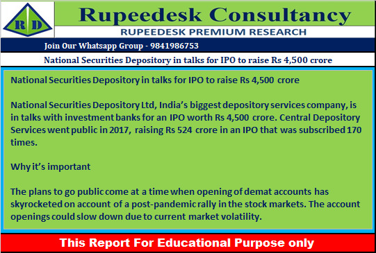 National Securities Depository in talks for IPO to raise Rs 4,500 crore - Rupeedesk Reports - 22.06.2022