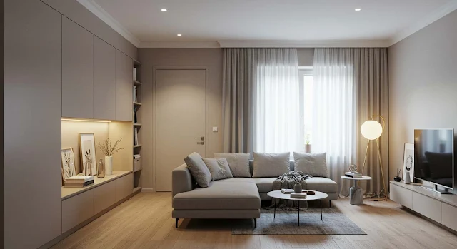 Sala de estar bege e cinza decorada minimalista