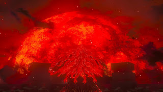 Ganondorf with a mane of red glowing hair in front of a giant red Blood Moon explosion