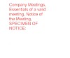 Company Meetings, Essentials of a valid meeting, Notice of the Meeting, SPECIMEN OF NOTICE: