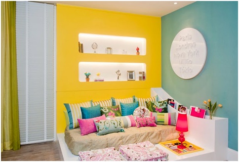 Colorful and joyful bedroom for teenage girl. Yellow and turquoise dormitory