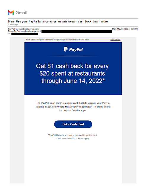 PayPal Restaurant Rebate Offer - May, 2022