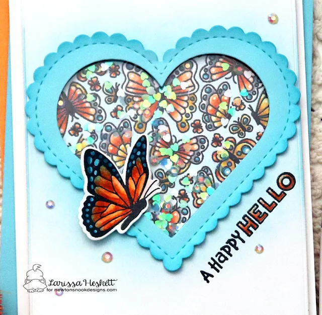 A Happy Hello Card by Larissa Heskett for Newton's Nook Designs using Heartfelt Butterflies, Monarchs Stamp Set and Heart Frames Die Set