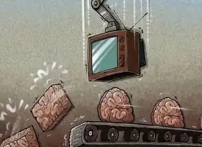كاريكاتير يصور أمخاخ المشاهدين موضوعة على سير متحرك لينزل عليها التليفزيون ليجعلها مكعبة الشكل دليلاً على أن الإعلام يعيد تشكيل أدمغة المشاهدين